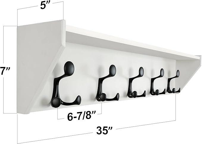SKOLOO Wall Shelf with Hooks, 35-Inch White Coat Rack Wall Mount with Shelf Organizer - Lightweight & Sturdy, 5 Tri Hooks - Perfect for Entryway, Hallway, Living Room, Bedroom, Mudroom