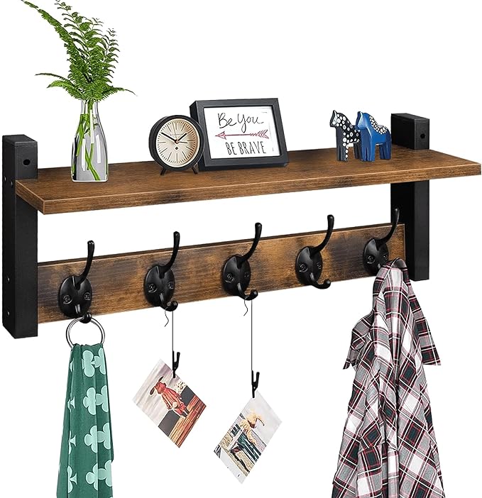 Homode Wall Hooks with Shelf, Wood Coat Rack with Shelf Wall-Mounted, Entryway Hanging Shelves with 5 Metal Hooks for Clothes Hats Towel Purse Robes, Bathroom Mudroom Bedroom, Rustic Brown Black