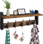 Homode Wall Hooks with Shelf, Wood Coat Rack with Shelf Wall-Mounted, Entryway Hanging Shelves with 5 Metal Hooks for Clothes Hats Towel Purse Robes, Bathroom Mudroom Bedroom, Rustic Brown Black
