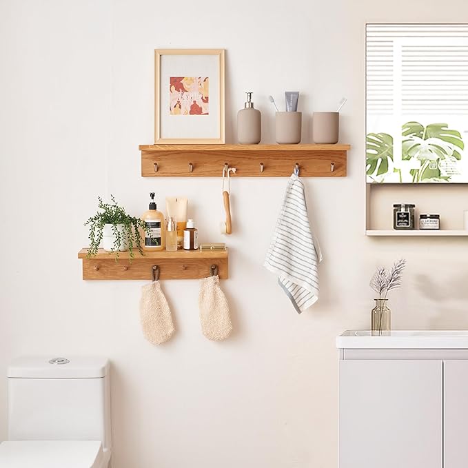 Oak Wood Wall Shelf with 5 Hooks, Entryway Shelf Coat Rack with Hooks Floating Shelves with Hooks for Clothes Hats Towel Purse Robes, Bathroom Mudroom Bedroom (20 inch)