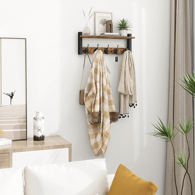 Homode Wall Hooks with Shelf, Wood Coat Rack with Shelf Wall-Mounted, Entryway Hanging Shelves with 5 Metal Hooks for Clothes Hats Towel Purse Robes, Bathroom Mudroom Bedroom, Rustic Brown Black