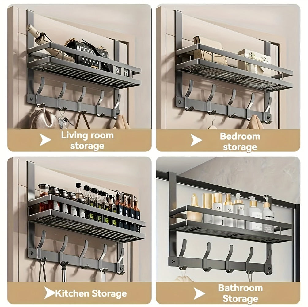 Over-Door Hook Rack with No-Drill Metal Design, Four to Six Hooks and Grey or Black Options for Home Organization